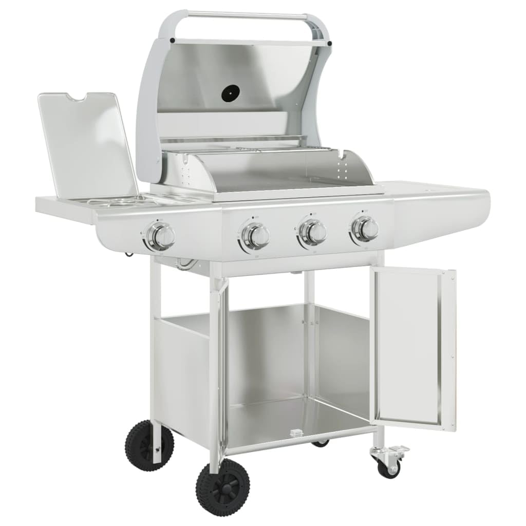 vidaXL Gasgrill 4 Flammen Edelstahl Silber mit Rädern