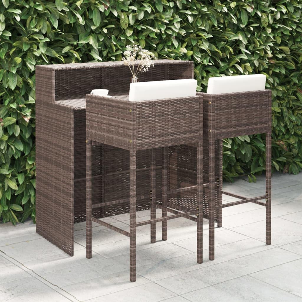 vidaXL Gartenbar-Set 3-tlg. Poly Rattan braun mit Kissen