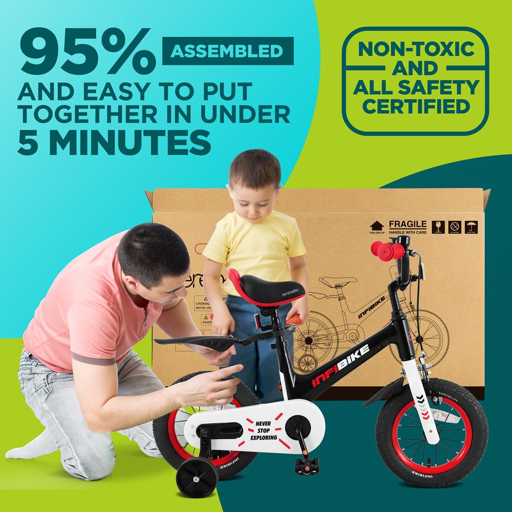 Serenelife Bicycle Kinderfahrrad 12 Zoll Schwarz Stützräder Dualbremse