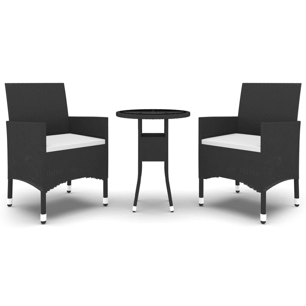 vidaXL Garten-Essgruppe 3-tlg Poly Rattan Schwarz Glas
