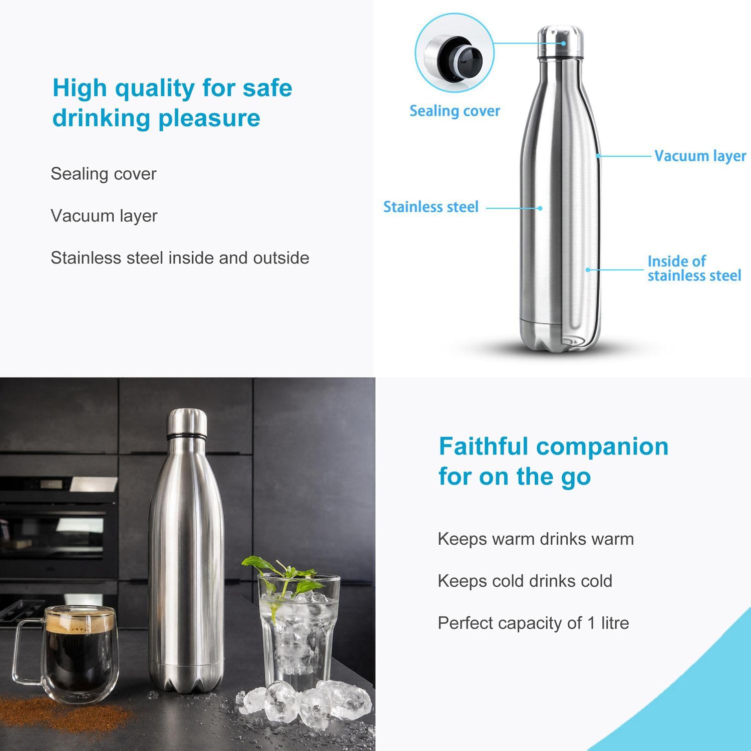 Intirilife Trinkflasche Edelstahl 1 Liter Silber Isolierflasche