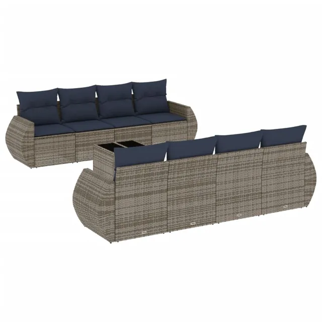 vidaXL 9-tlg Gartensofa-Set Polyrattan Grau-Blau mit Kissen