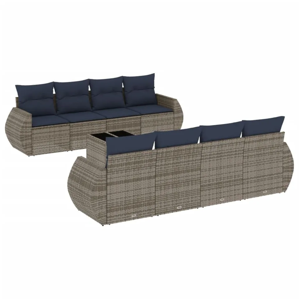 vidaXL 9-tlg Gartensofa-Set Polyrattan Grau-Blau mit Kissen