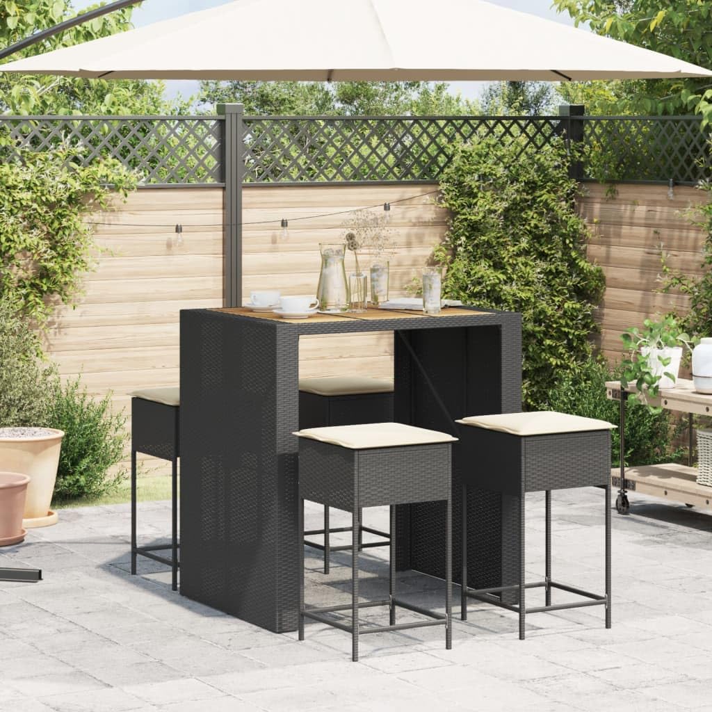 vidaXL Gartenbar-Set 5-tlg Schwarz Poly Rattan Akazie