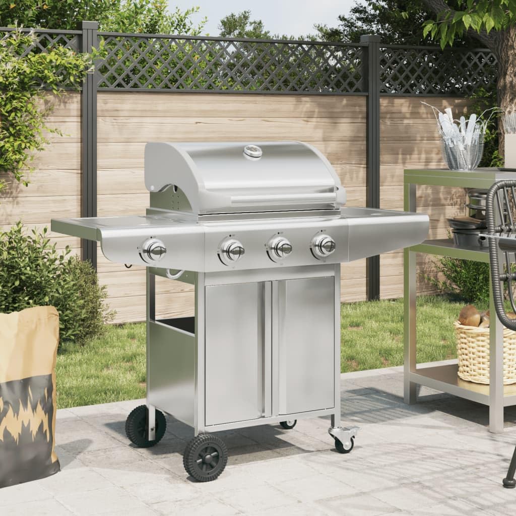 vidaXL Gasgrill 4 Flammen Edelstahl Silber mit Rädern