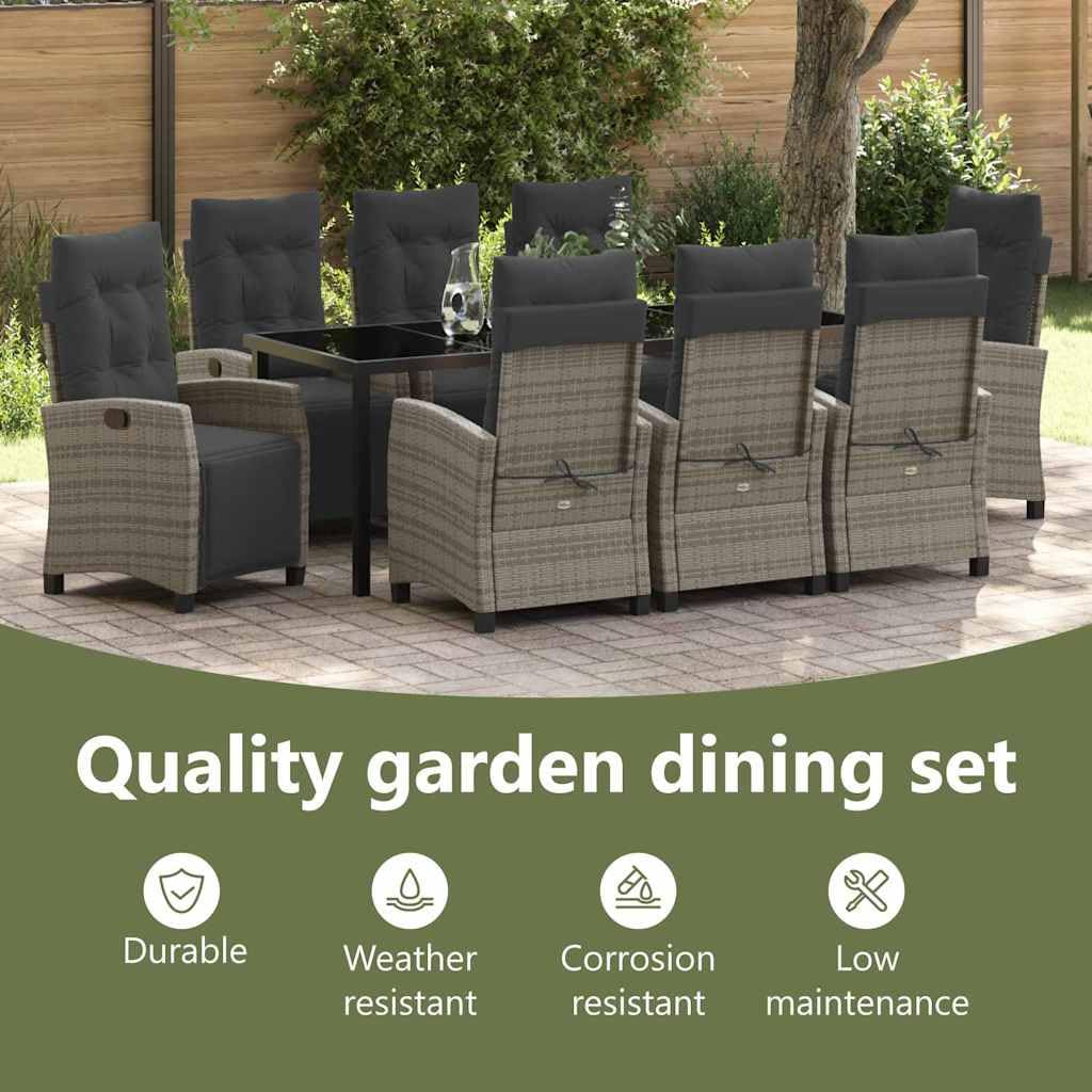 vidaXL Heim & Garten Essgruppe 9-tlg Grau Poly-Rattan Glas