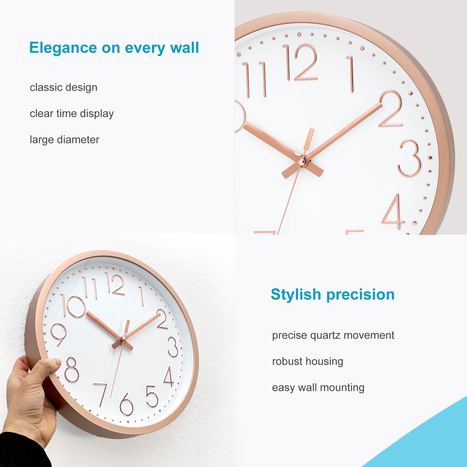 INTIRILIFE Wanduhr Rosé Gold Weiß 30 cm lautlos