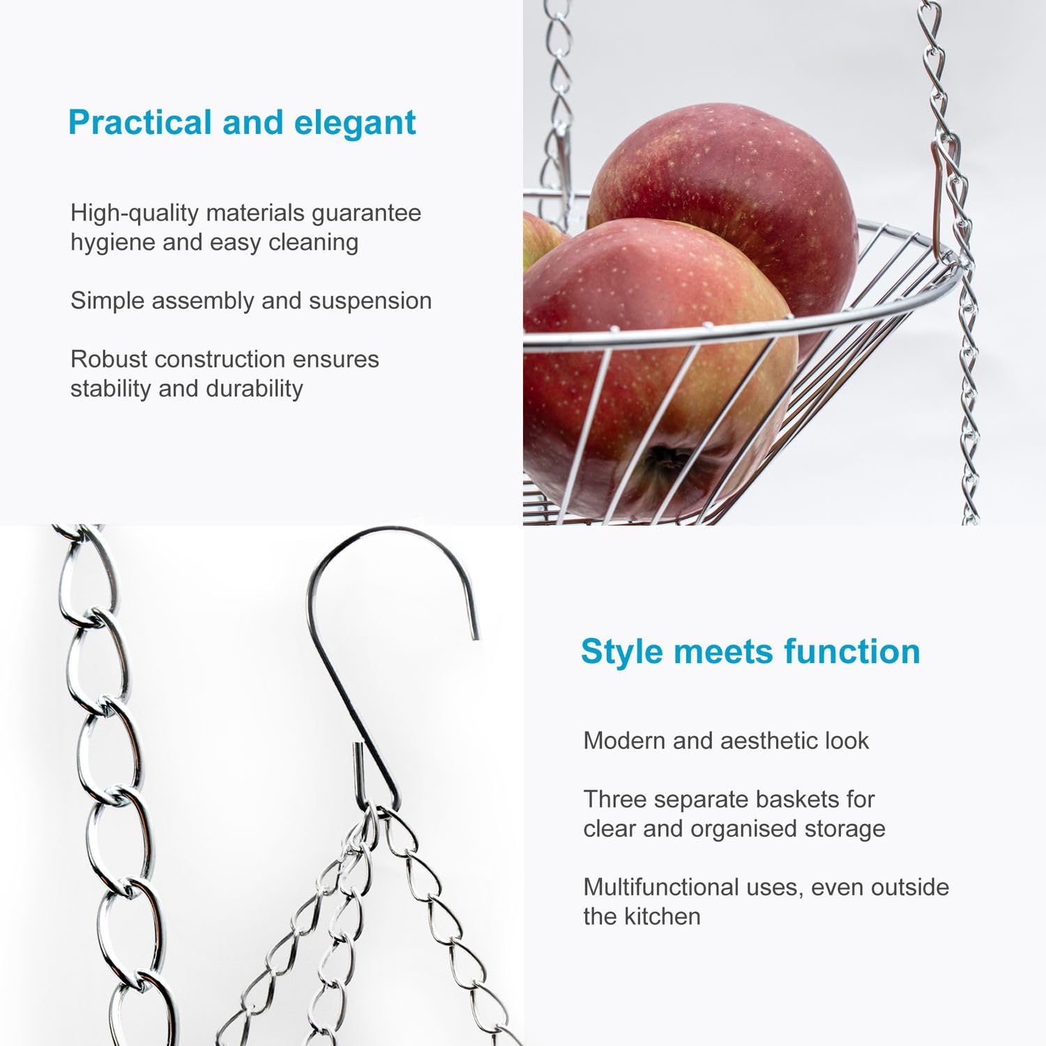 Intirilife Küchenampel Hängekorb silber 3-etagig Obstkorb 73 cm
