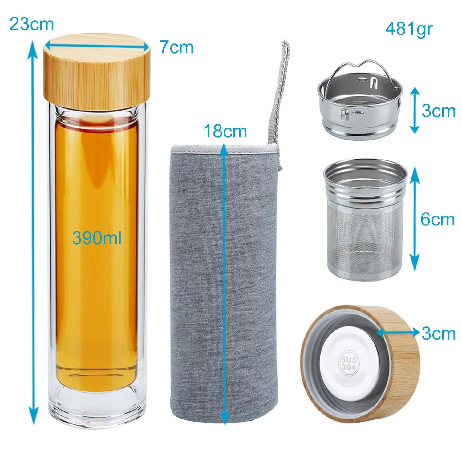 Intirilife Teeflasche Glas 400ml Sieb Bambus doppelwandig