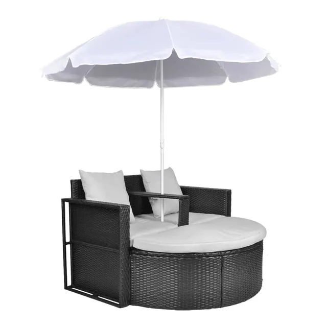 vidaXL Heim & Garten Gartenbett Poly Rattan Schwarz-Weiß mit Schirm