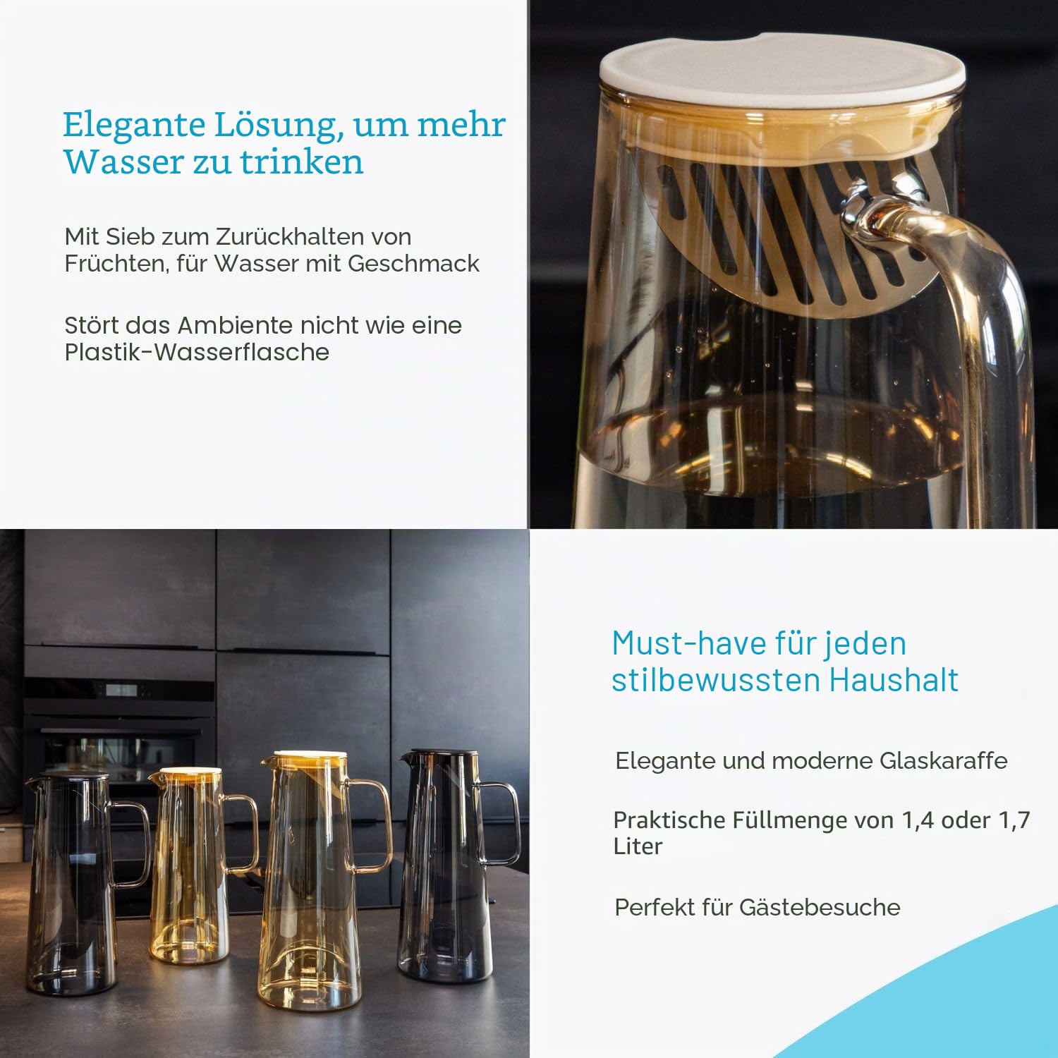 Intirilife Karaffe Glas Amber 1,7 Liter mit Sieb Deckel