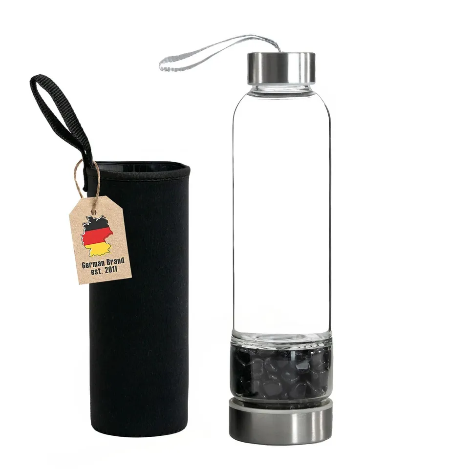Intirilife Trinkflasche Glas Obsidian 400 ml mit Tasche