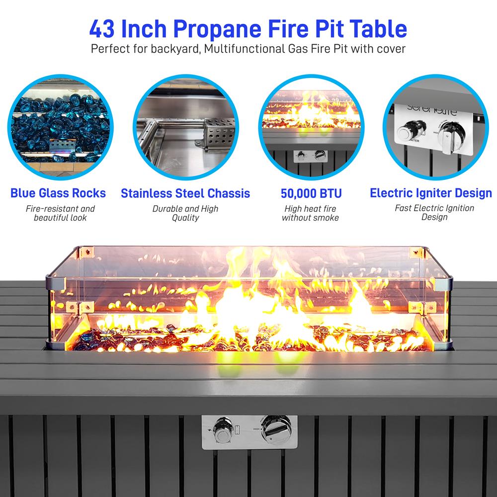 Serenelife Fire Pit Feuertisch 50.000 BTU mit Glas-Windschutz