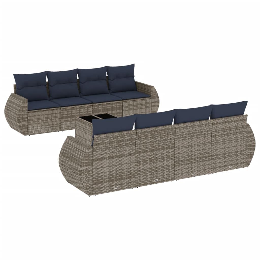 vidaXL 9-tlg Gartensofa-Set Polyrattan Grau-Blau mit Kissen