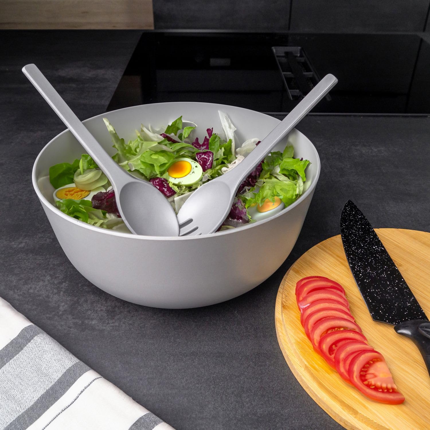 Intirilife Salatschüssel Grau 3,5 L mit Bambusdeckel
