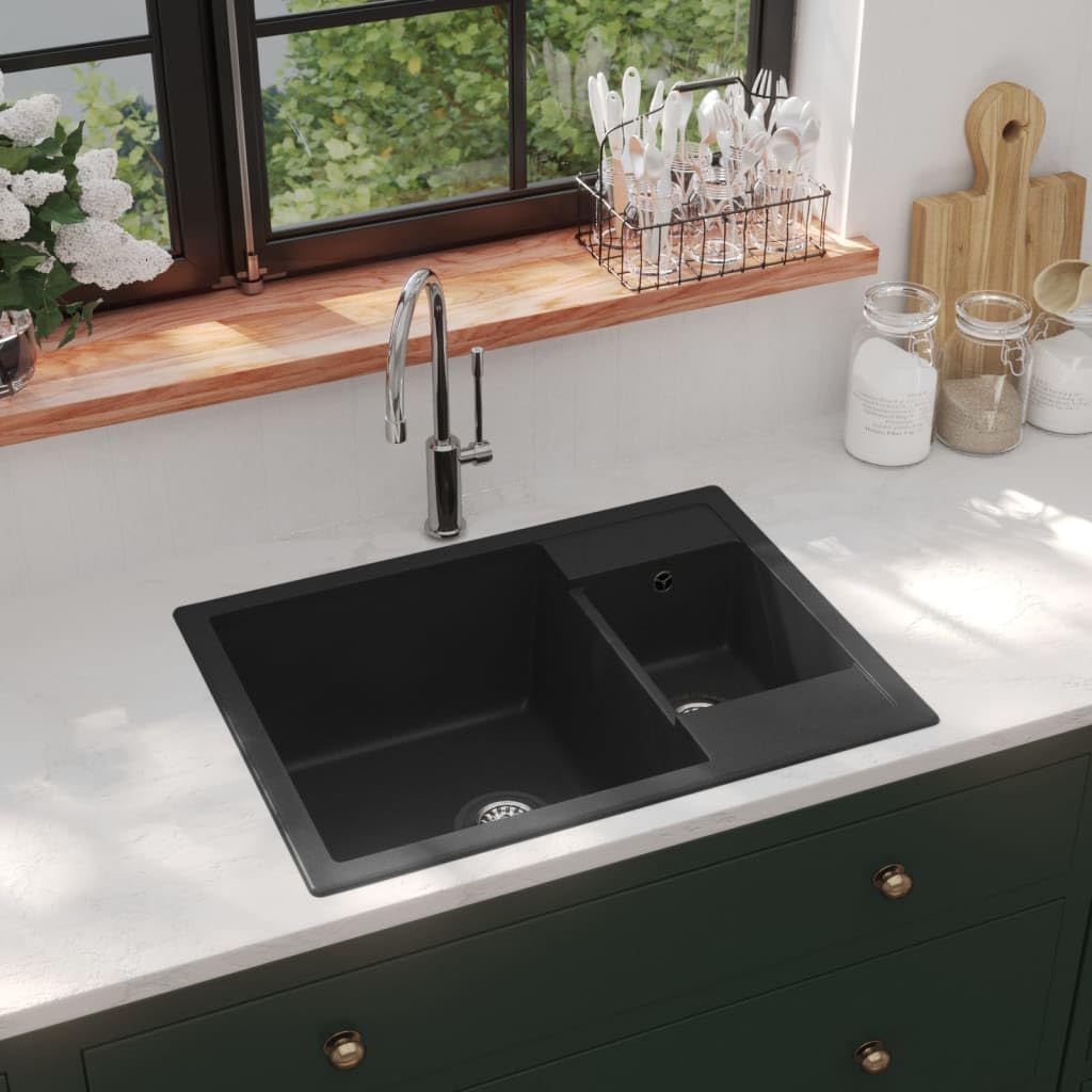 vidaXL Heimwerkerbedarf Granitspüle Doppelbecken Schwarz 58cm