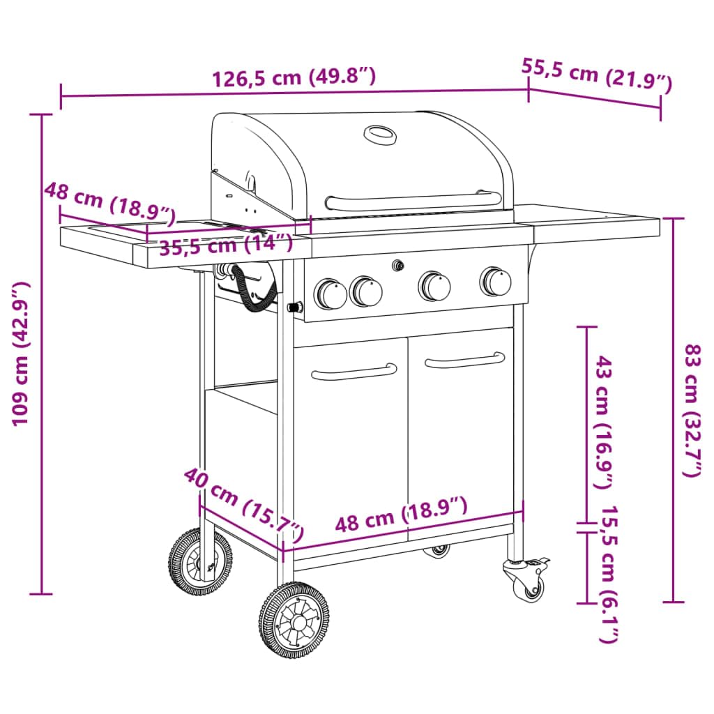 vidaXL Gasgrill 4 Flammen Schwarz Stahl mit Grillwagen