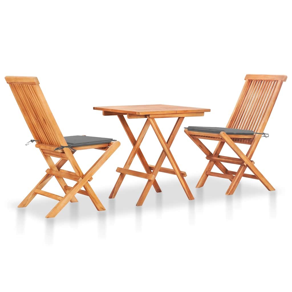 vidaXL Bistroset 3-TLG Teak Gartenmöbel Grau Kissen 3-TLG.
