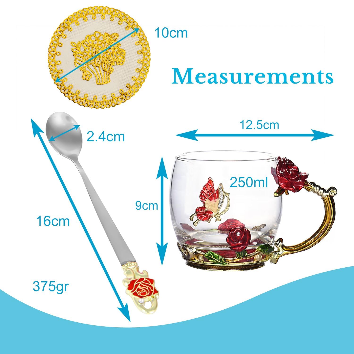 Intirilife Schmetterling Blumentasse Glas 330 ml mit Löffel