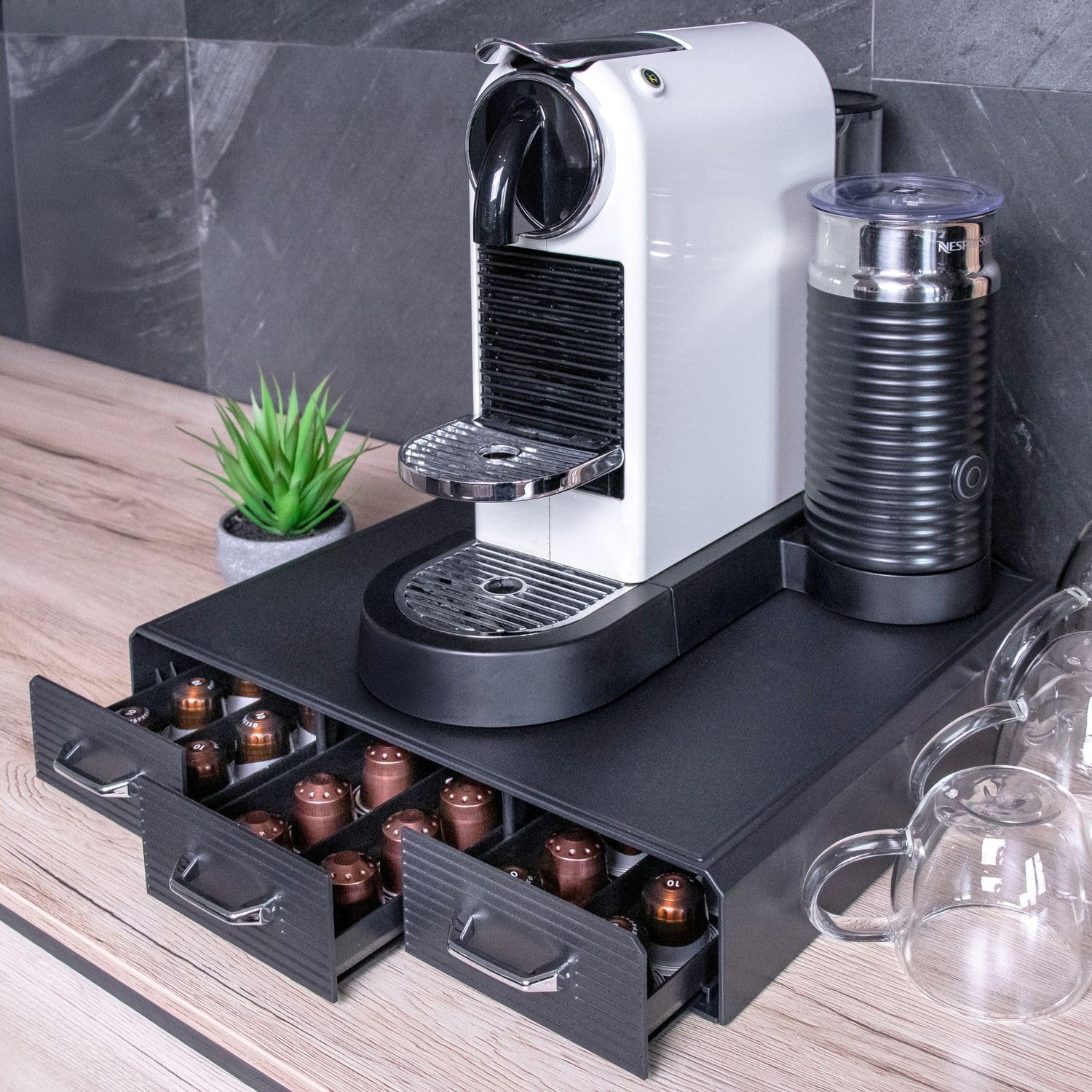 Intirilife Kaffee Kapselhalter Schwarz 3 Schubladen 48 Kapseln