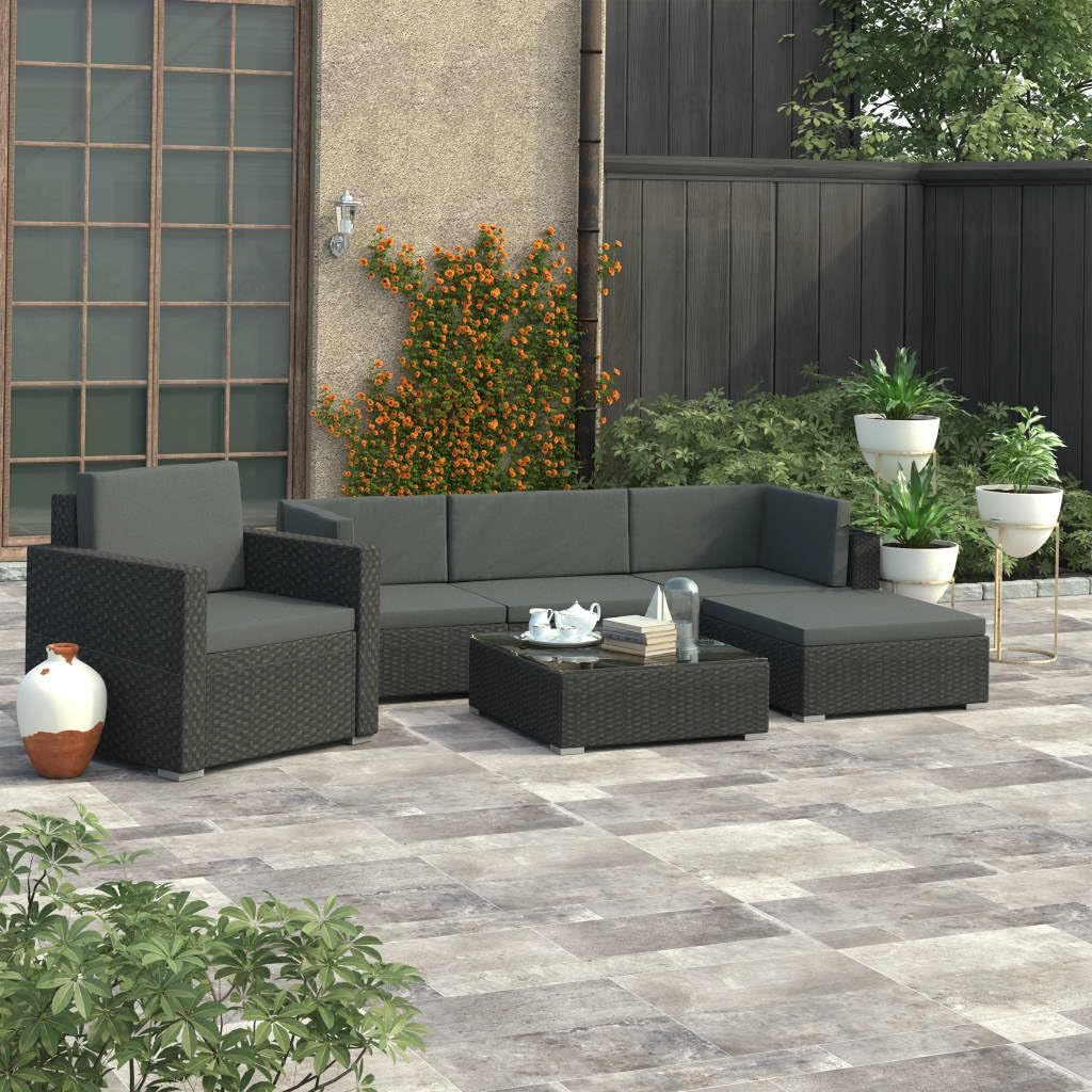 vidaXL Heim & Garten Gartenmöbel 6-TLG. Rattan Schwarz Auflagen
