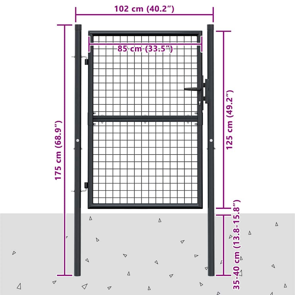 vidaXL Gartentor Mesh 100x175 cm Zauntor grau verzinkt abschließbar