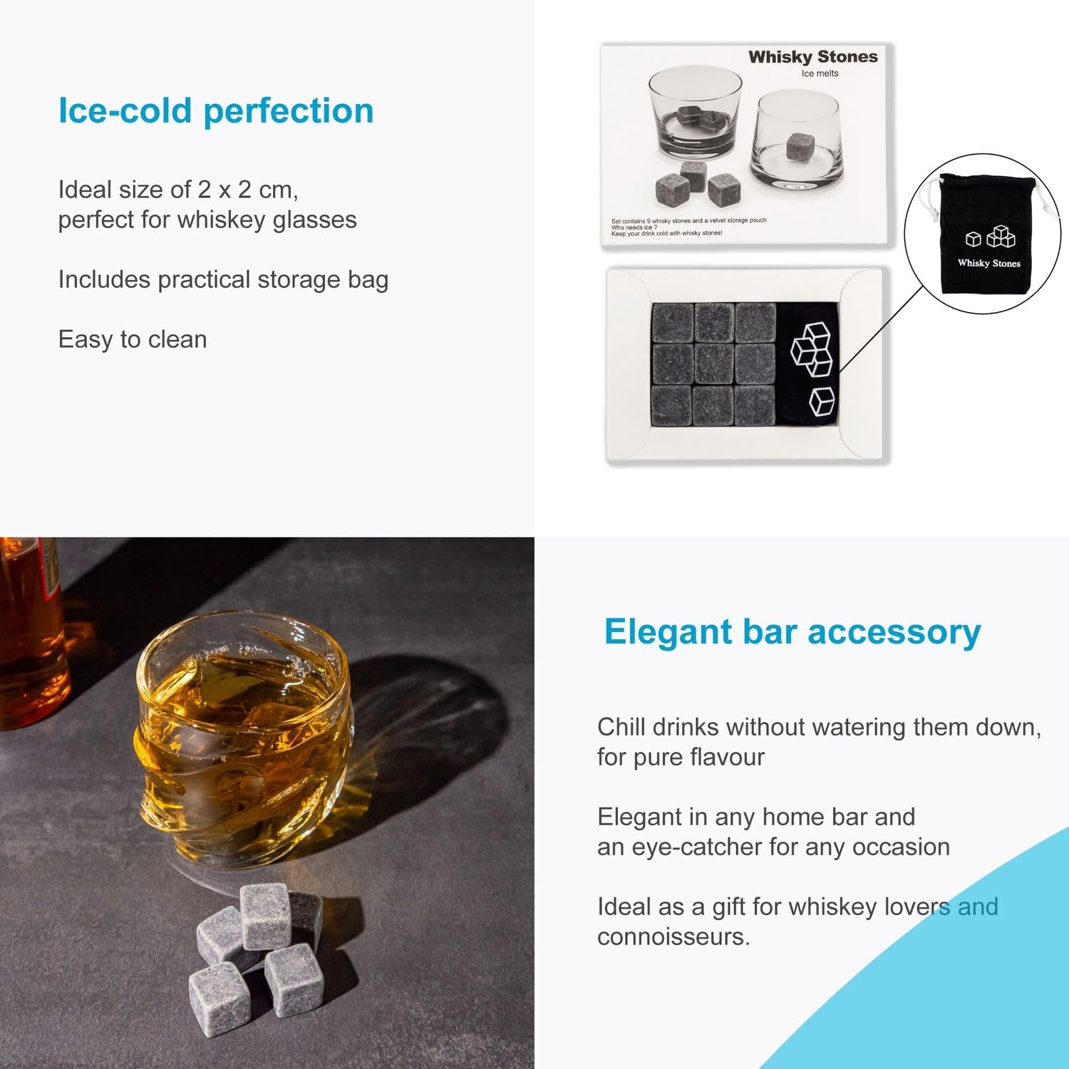 Intirilife Whisky Steine Granit grau 9 Stück 2x2 cm
