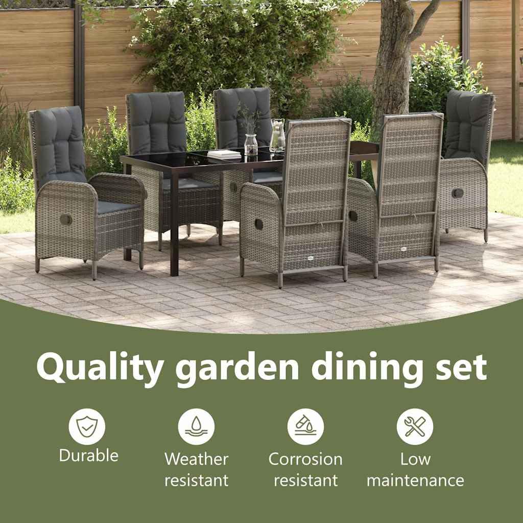 vidaXL Heim & Garten Essgruppe 7-tlg Grau Poly-Rattan Glas