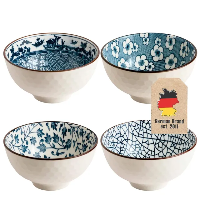 Intirilife Japan Schalen Set Porzellan Blau Weiß 4-teilig