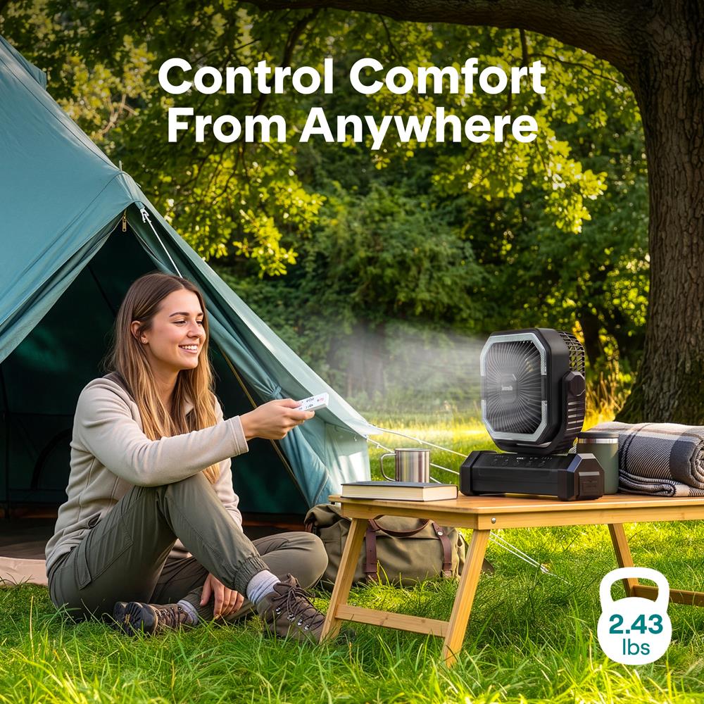 Serenelife Camping Akku Ventilator Schwarz 10000mAh mit LED