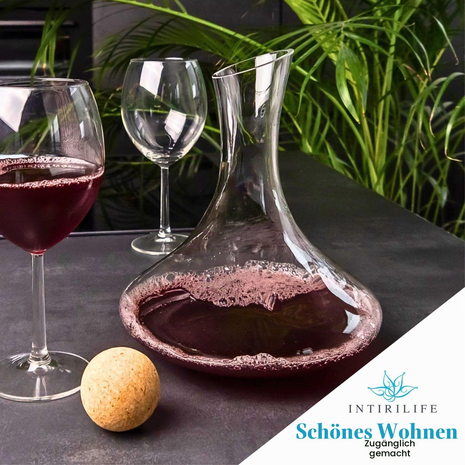 Intirilife Weinkaraffe 1,8 L Kristallglas Dekanter Rotwein Korken