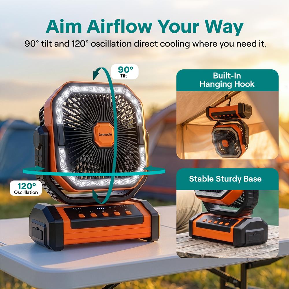Serenelife Camping Tischventilator 20000mAh Orange mit LED