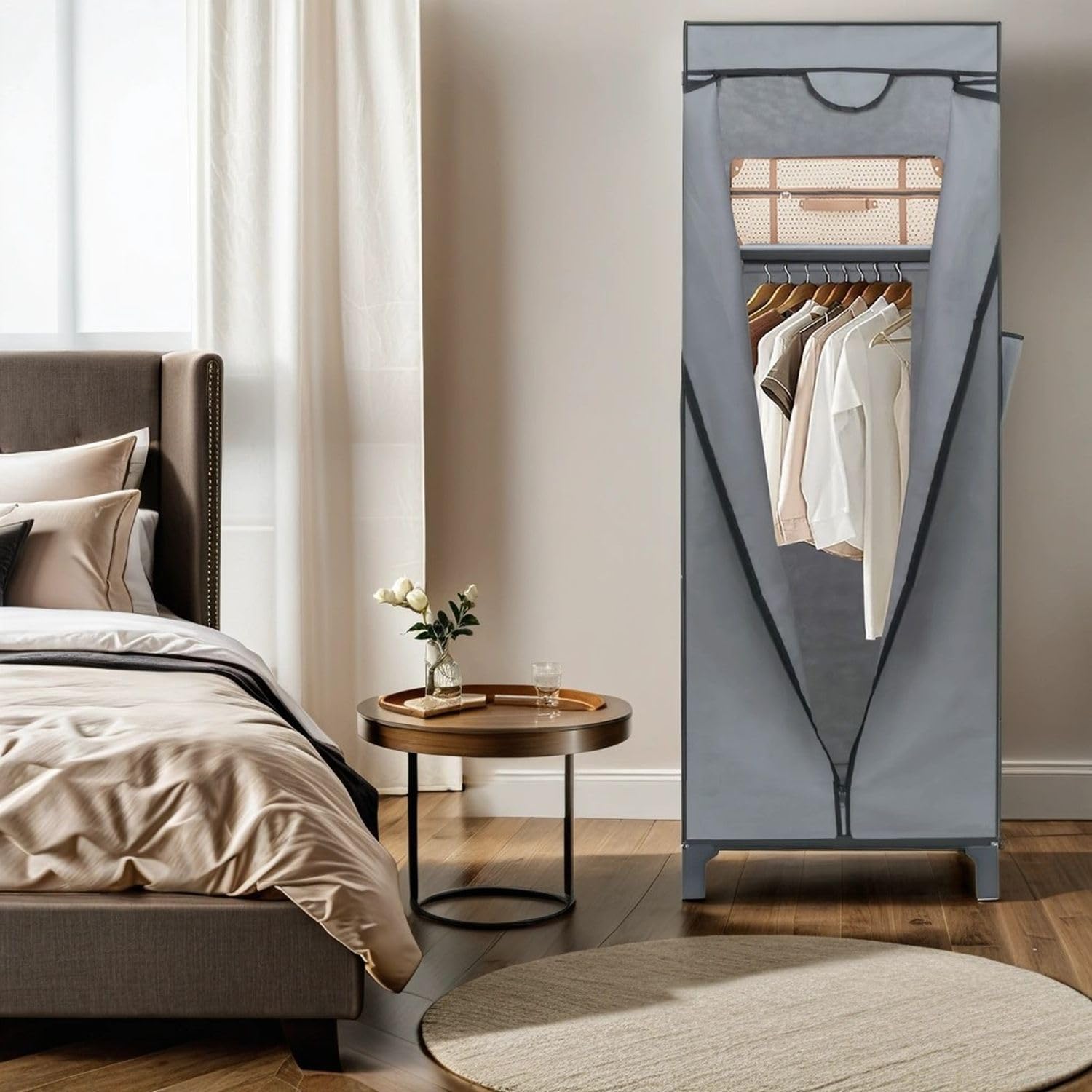 Intirilife Faltschrank 68x45x175cm Grau Stoff mit Stange