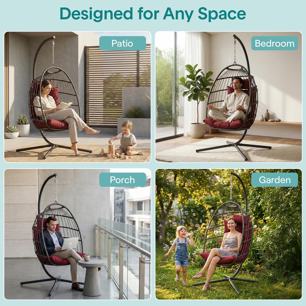 Serenelife Furniture Egg Chair Rattan Rot Klappbar