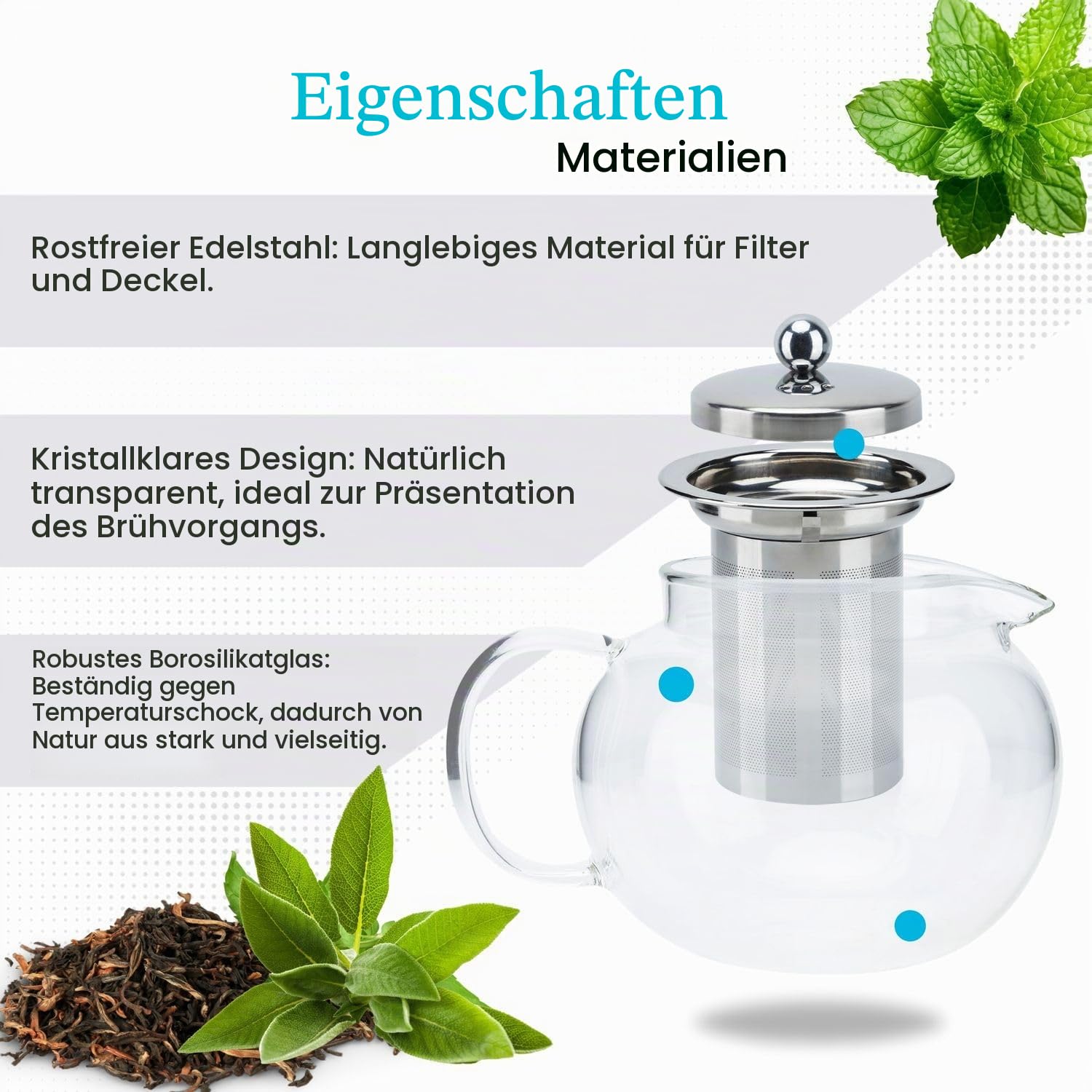 Intirilife Teekanne 800 ml Klar Borosilikatglas mit Filter