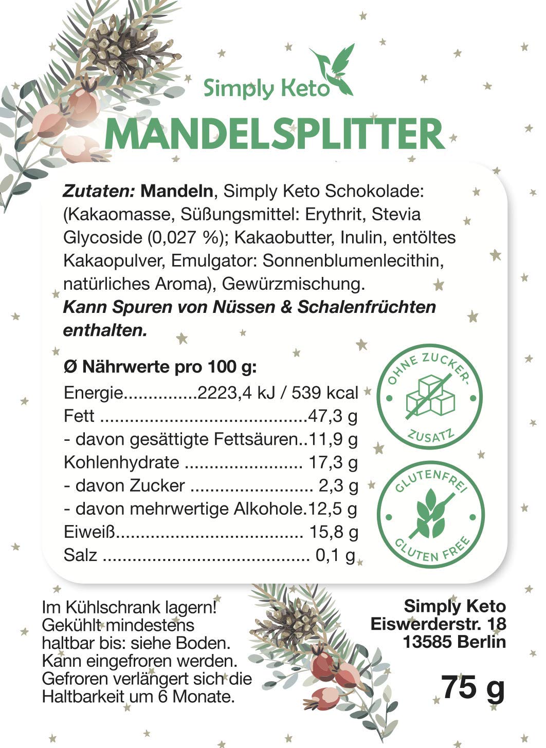 Simply Keto Mandelsplitter Edelbitter 75g zuckerfrei Low Carb