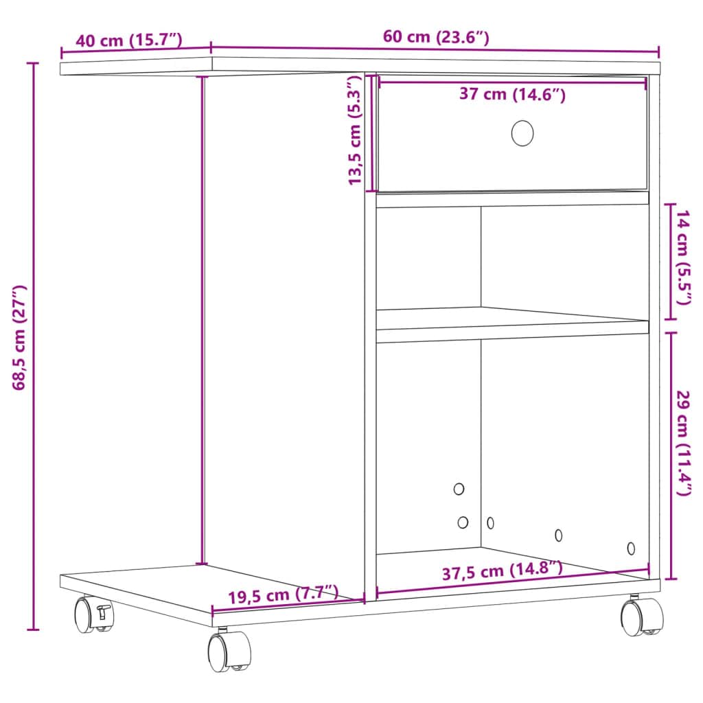 vidaXL Heim Druckerständer Sonoma-Eiche 60x40x68,5 Rollen