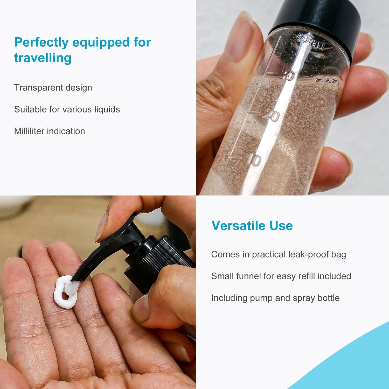 Intirilife Reise Flaschen Set Reiseflaschen 6-teilig schwarz transparent