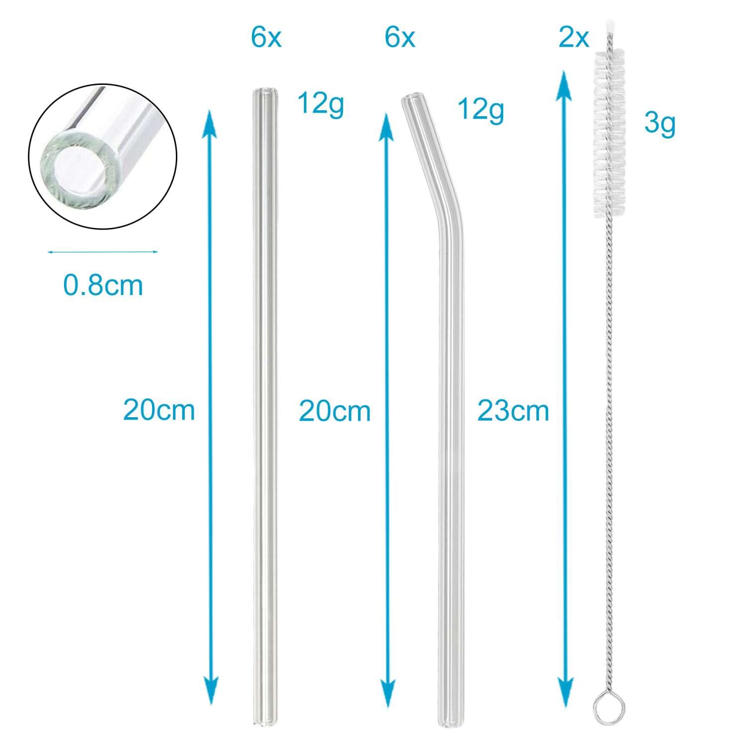 Intirilife Glas Strohhalm Set 15-tlg Trinkhalme gebogen 20 cm