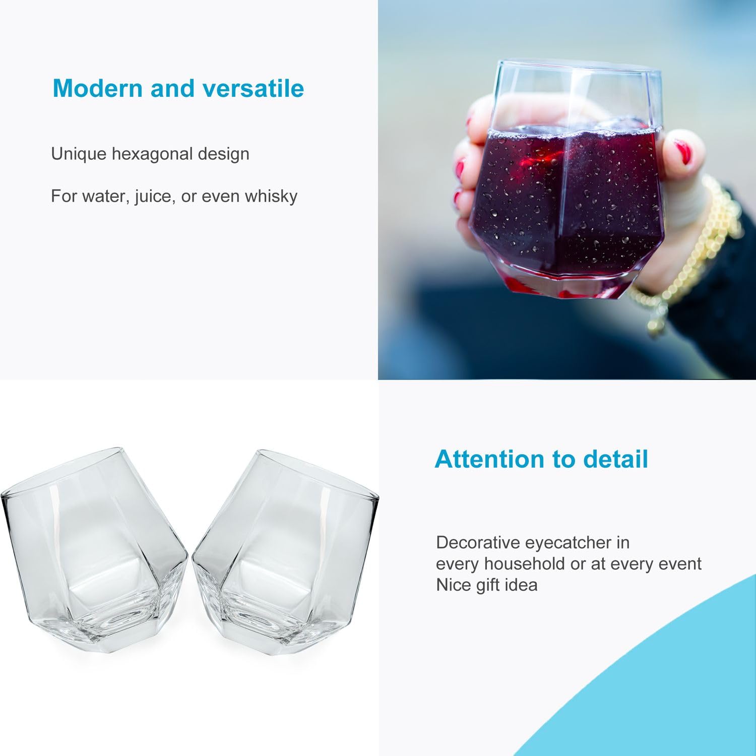 Intirilife Hexagon Trinkglas 240 ml Transparent 4er Set stoßfest