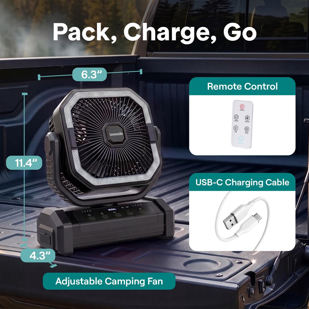 Serenelife Camping Akku Ventilator Schwarz 10000mAh mit LED