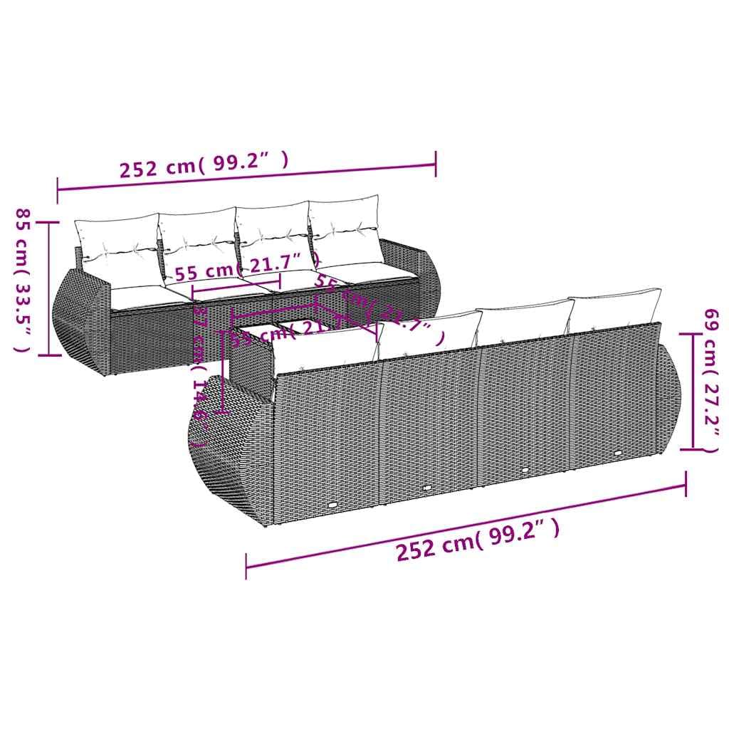 vidaXL 9-tlg Gartensofa-Set Polyrattan Grau-Blau mit Kissen