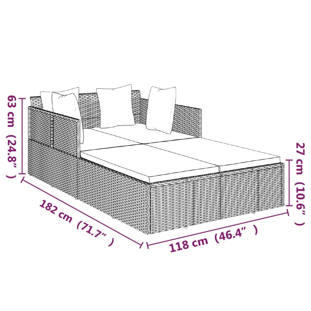 vidaXL Sonnenliege Braun Poly Rattan 182 cm mit Kissen