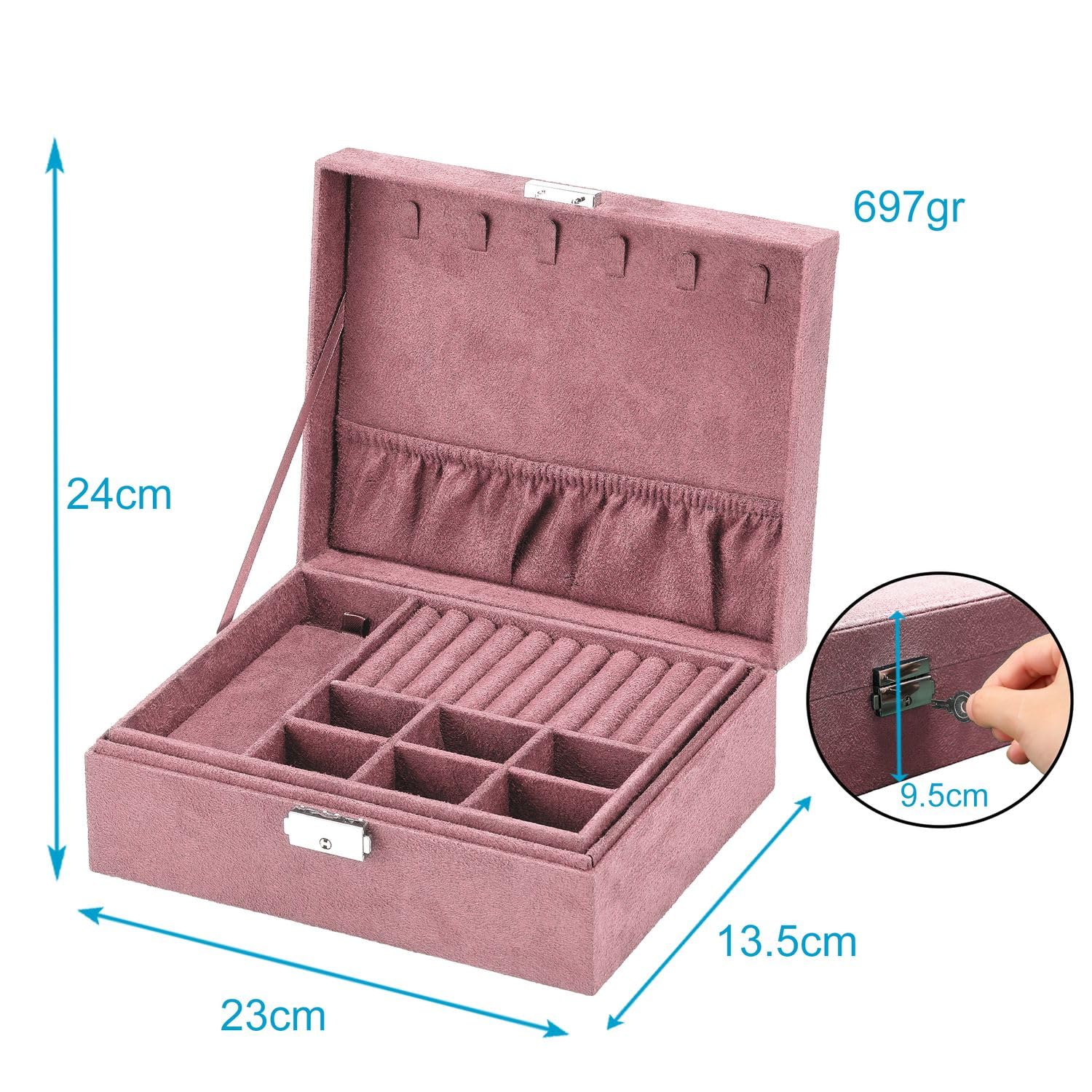 Intirilife Schmuckschatulle Rosa 2 Ebenen 23 cm abschließbar