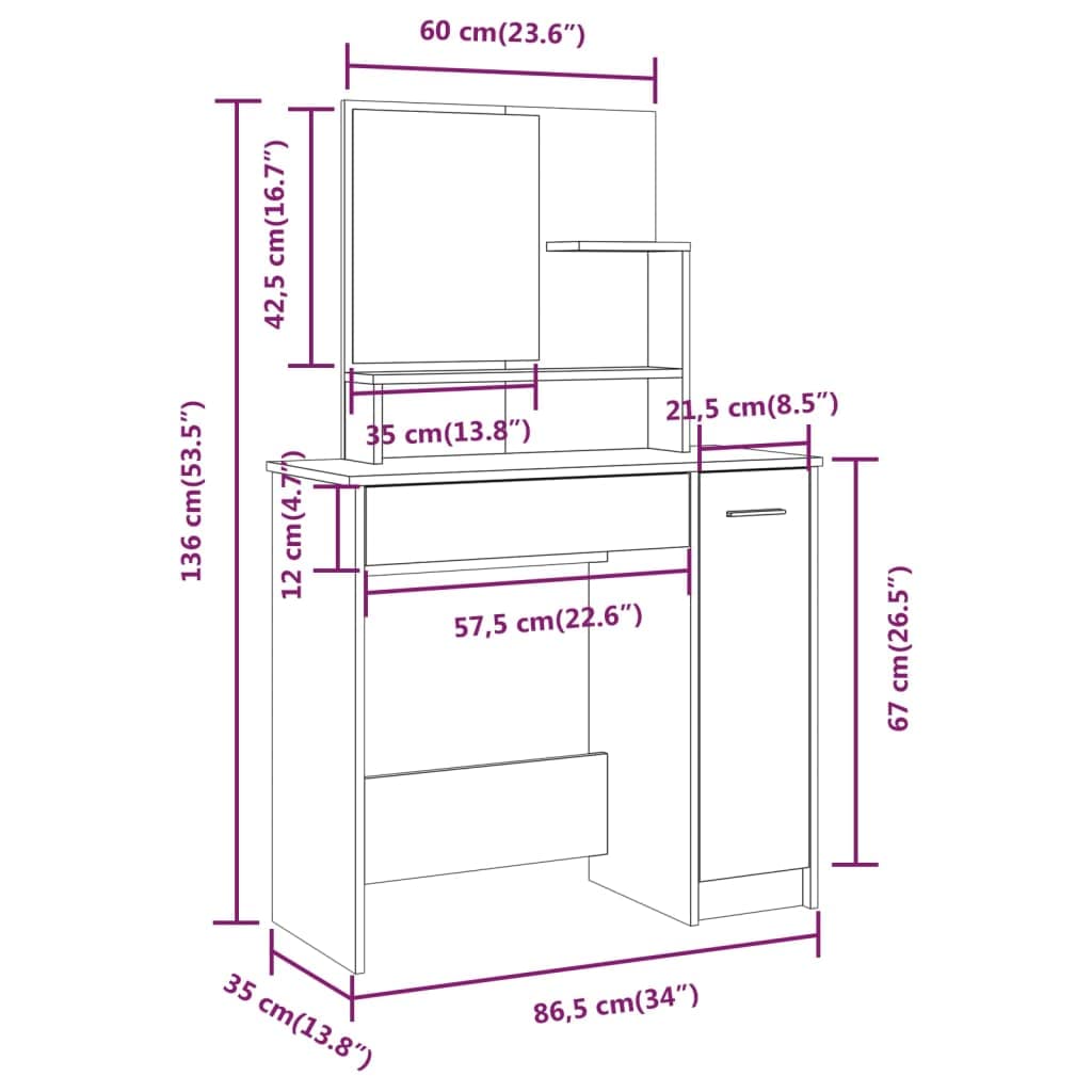vidaXL Schminktisch-Set Betongrau 86,5 cm Schminktisch