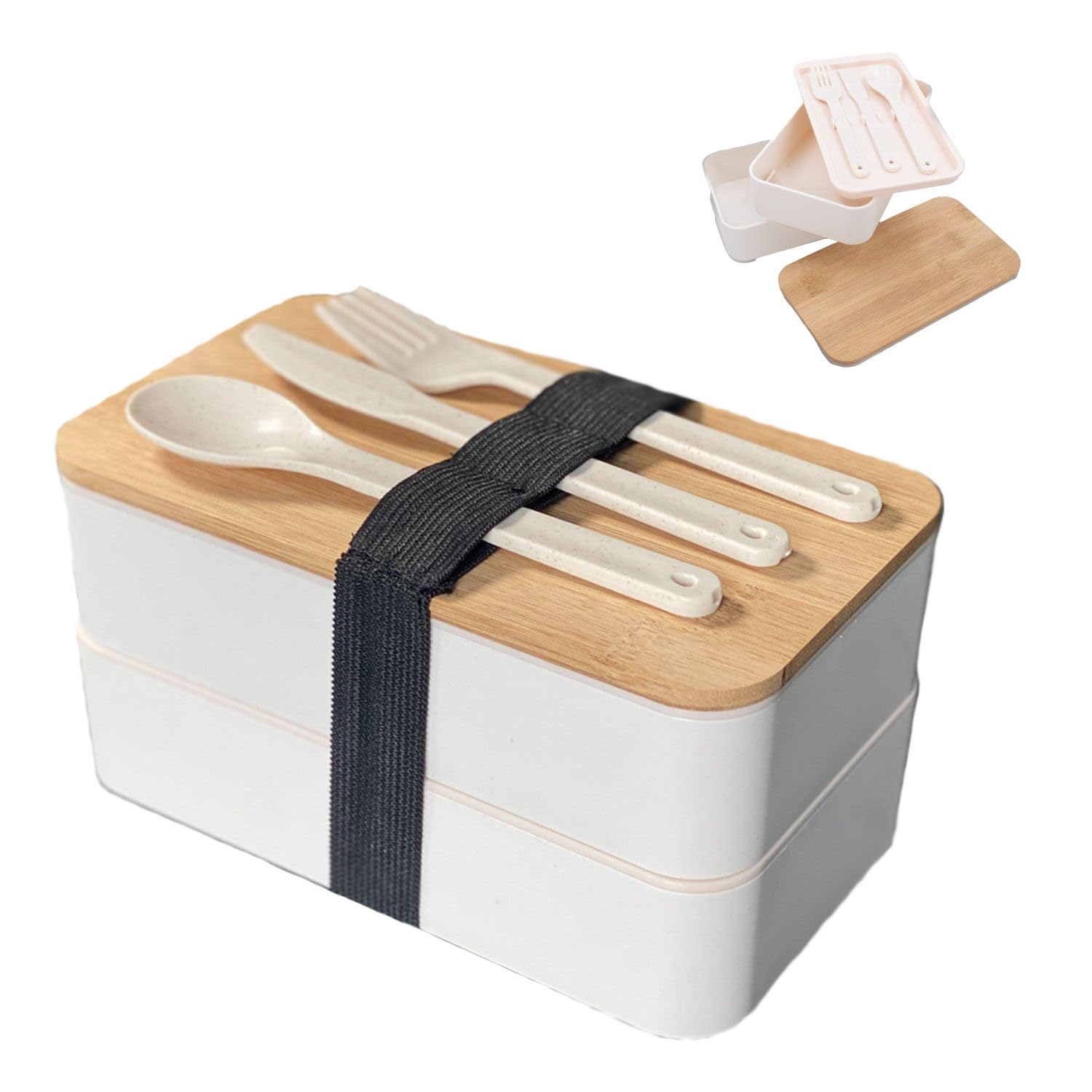 Intirilife Bento Box Lunchbox weiß 2 Ebenen Bambusdeckel Besteck