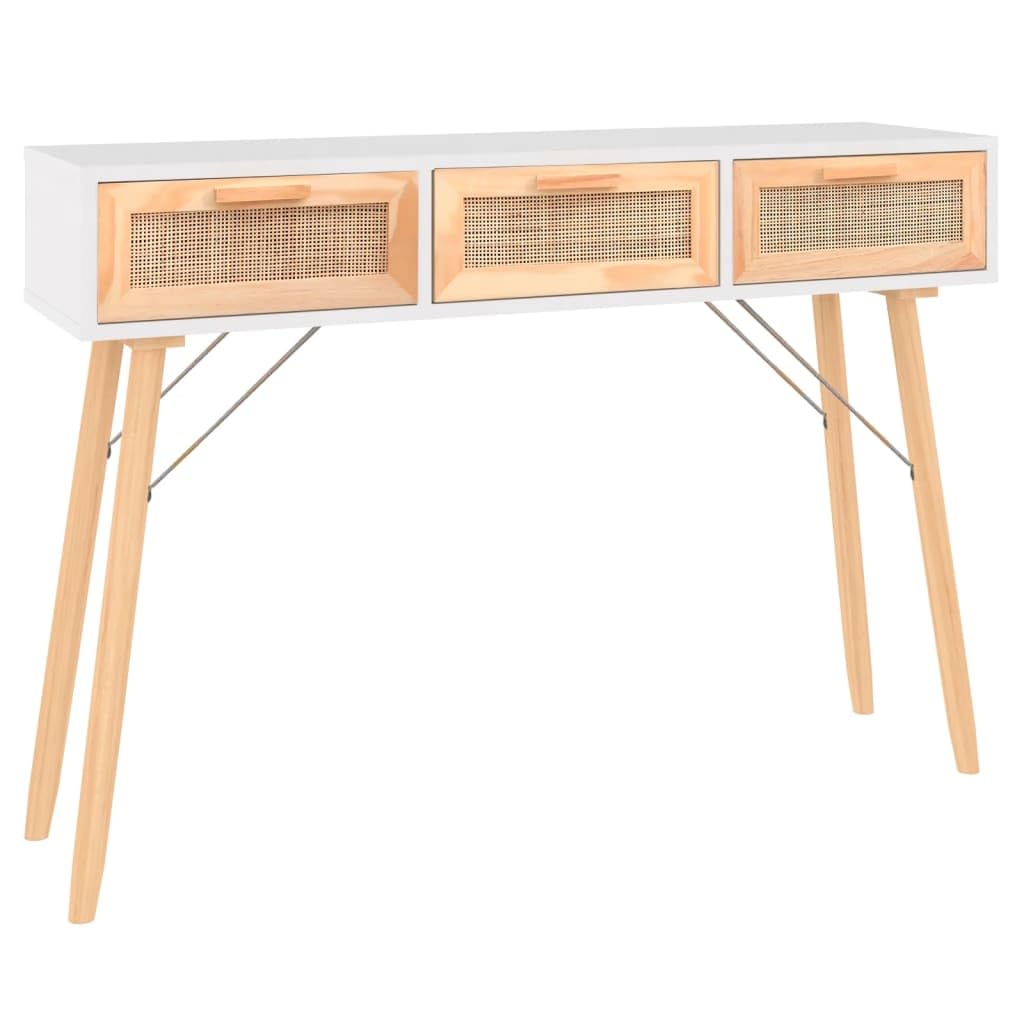 vidaXL Konsolentisch Weiß 105x30x75 Kiefer Rattan 3 Schubladen