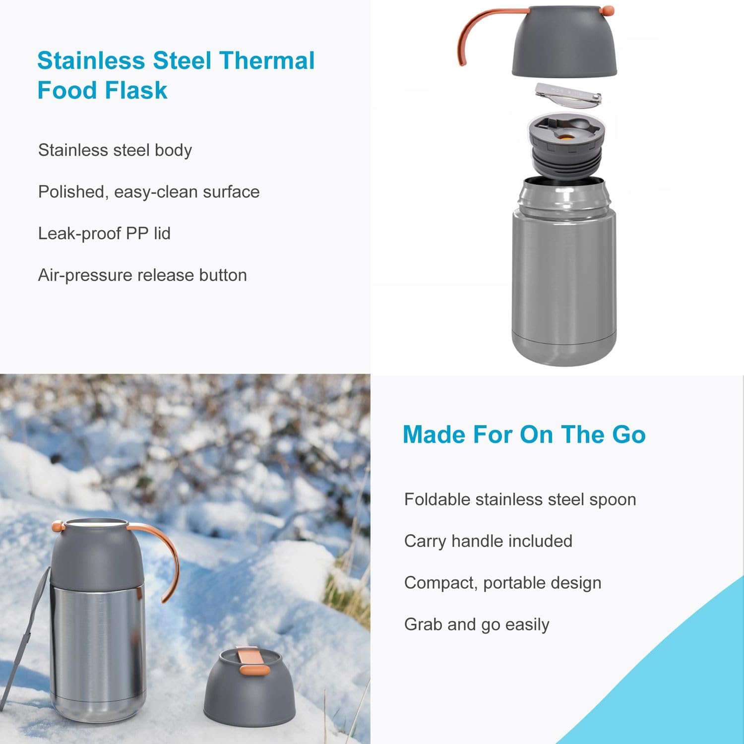 Intirilife Thermobehälter 650 ml Isolierbehälter Edelstahl