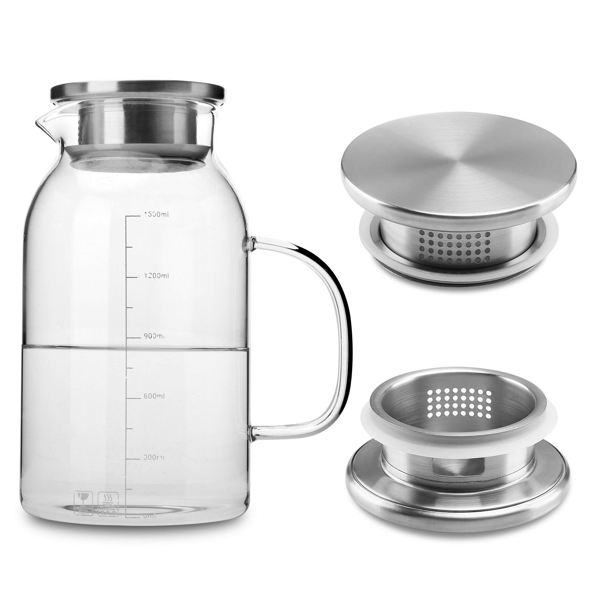 Intirilife Karaffe mit Filter 1,5 L Borosilikatglas Glaskrug