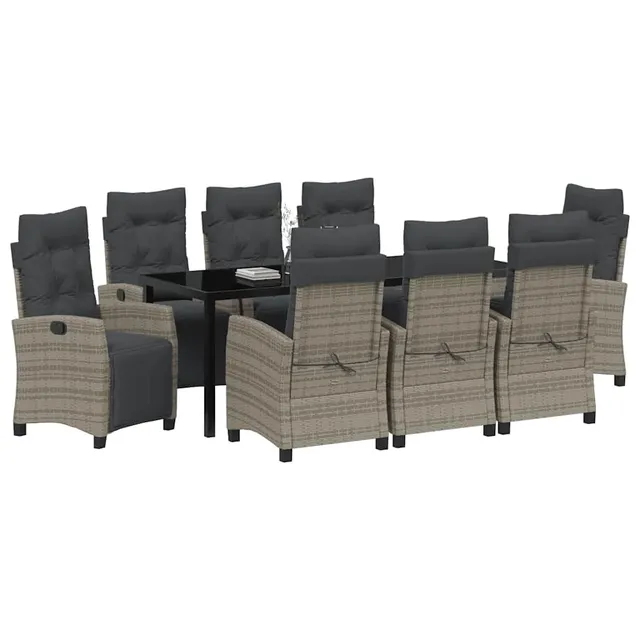 vidaXL Heim & Garten Essgruppe 9-tlg Grau Poly-Rattan Glas
